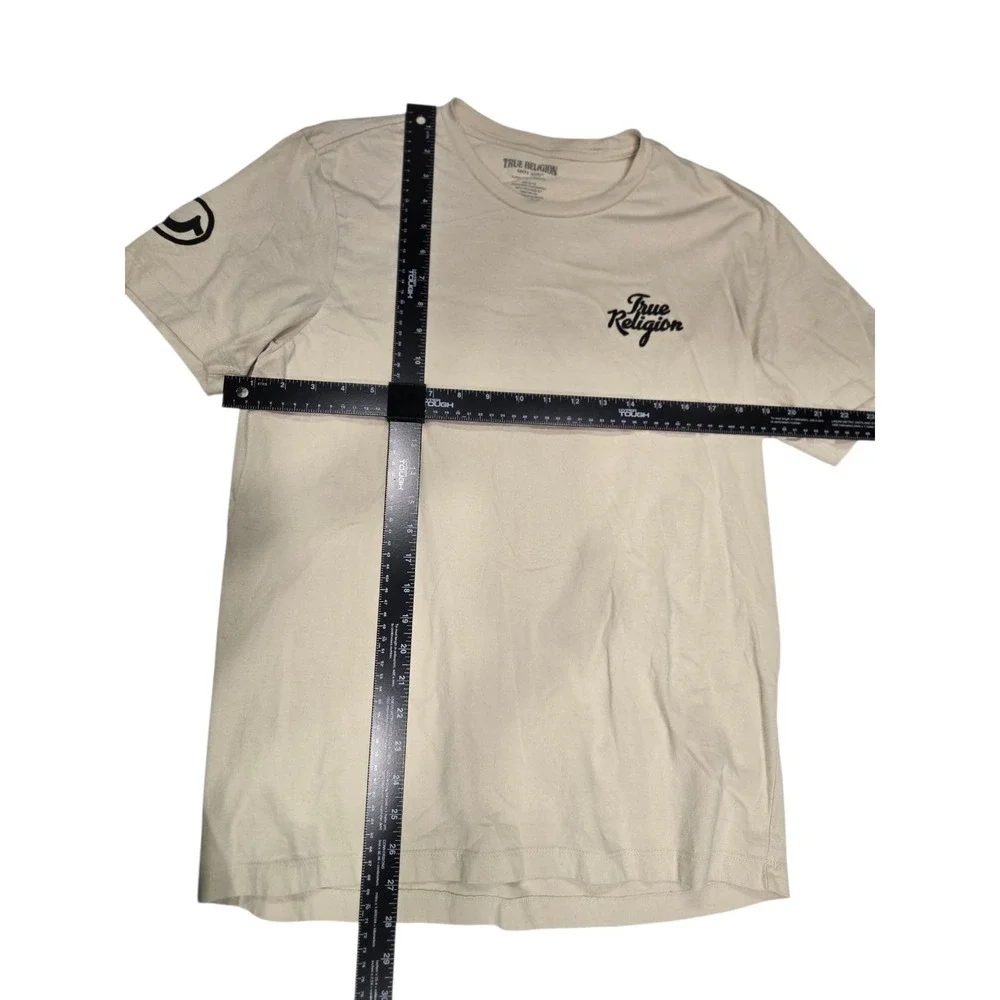 True Religion Men's XL Beige T-Shirt Buddha Guitar Graphic Horseshoe Sleeve Logo